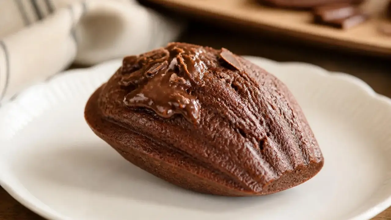 Un biscuit madeleine au chocolat, nappé de glaçage et parsemé de copeaux de chocolat, sur une assiette blanche.