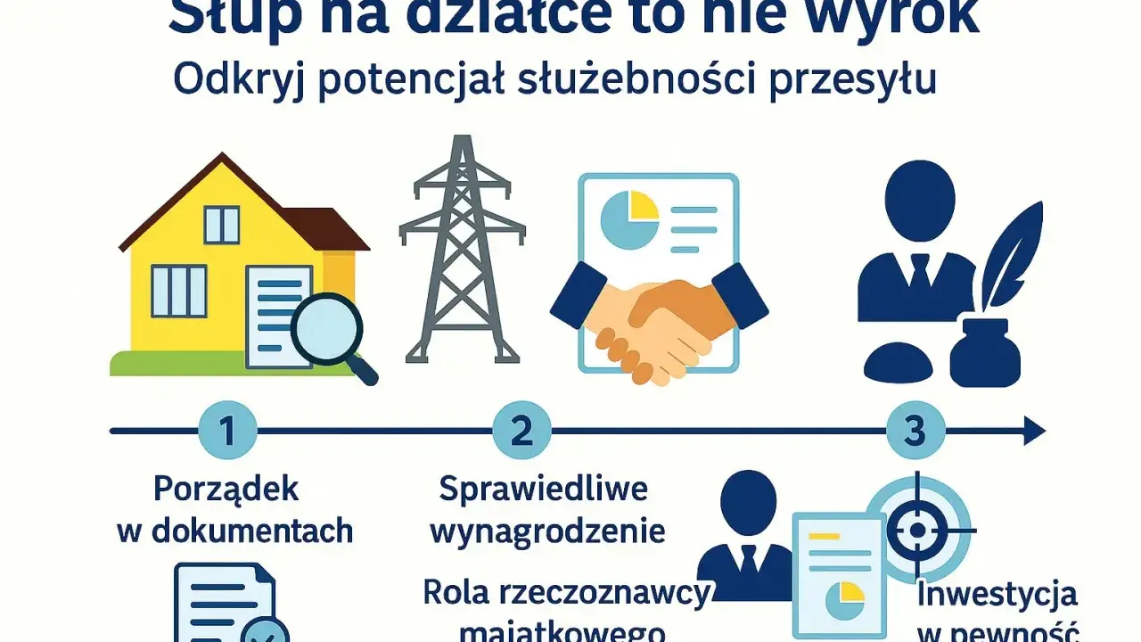 Jak ustalić, ile żądać za służebność przesyłu? Ilustracja pokazuje kroki: porządek w dokumentach, sprawiedliwe wynagrodzenie z rzeczoznawcą i inwestycja w pewność prawną.
