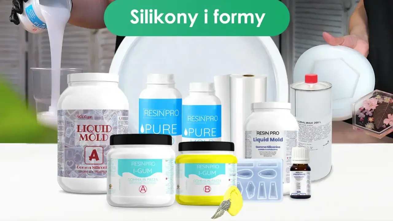 Płynna żywica polimerowa i materiały do tworzenia form silikonowych. W tle zielony napis "Silikony i formy".