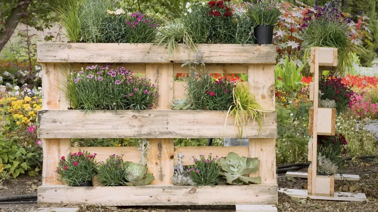 Jardinière en palette accueillant des fleurs roses et violettes, des graminées et des succulentes. Un jardin vertical original et écologique.