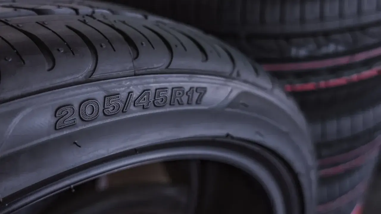 Zbliżenie na oponę z widocznymi oznaczeniami 205/45R17. To kluczowe oznaczenia opon, które informują o jej rozmiarze i specyfikacji.
