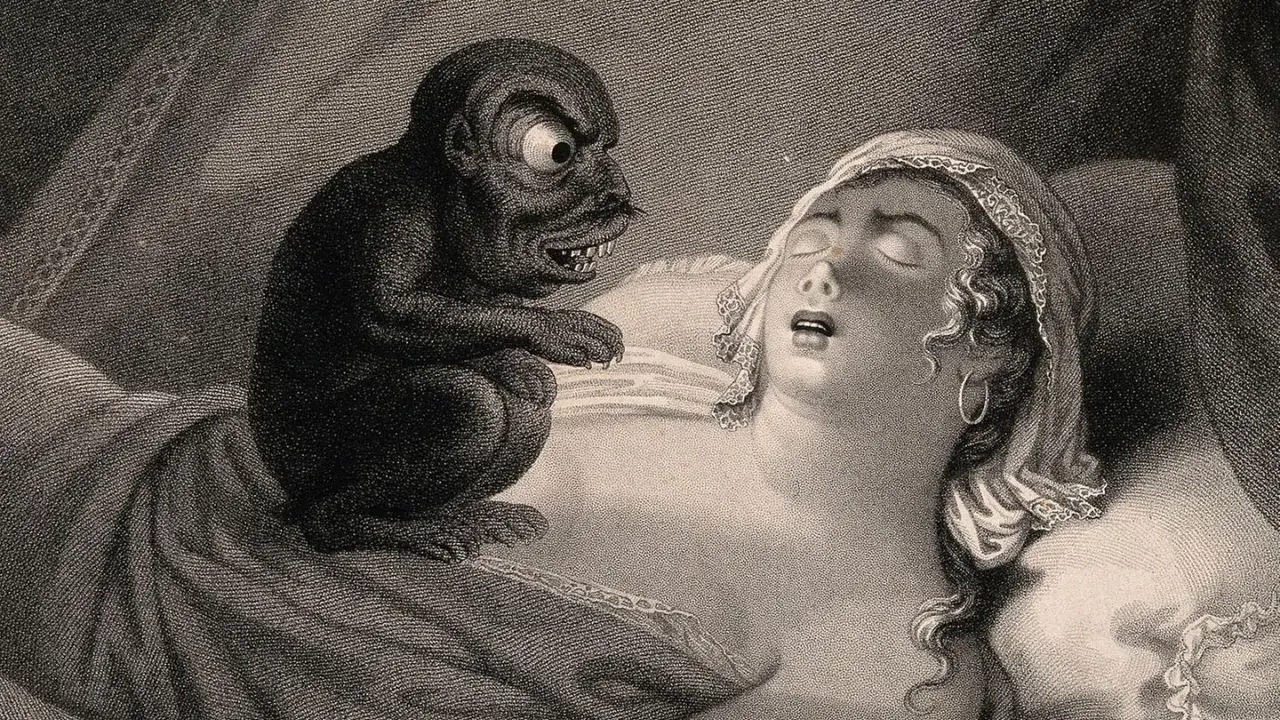 Ein Dämon sitzt auf einer schlafenden Frau. Die Szene stellt die Angst dar, dass man bei einer Schlafparalyse sterben könnte.