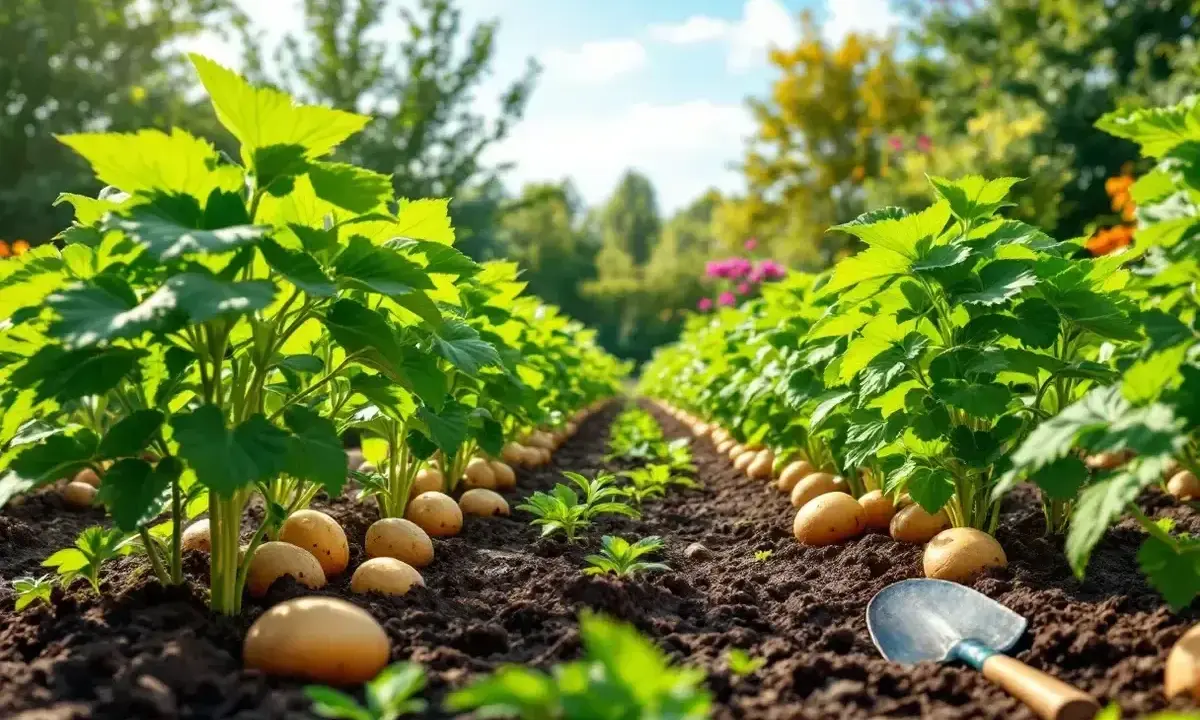 Lignes de plants de pomme de terre verts et mûrs, avec des tubercules dorés émergeant de la terre. Une petite pelle repose dans le sol.