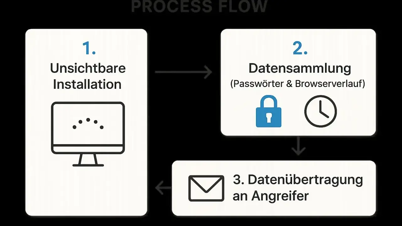 Prozessablauf eines Spyware-Angriffs: Unsichtbare Installation, Datensammlung (Passwörter, Browserverlauf) und Datenübertragung an Angreifer.