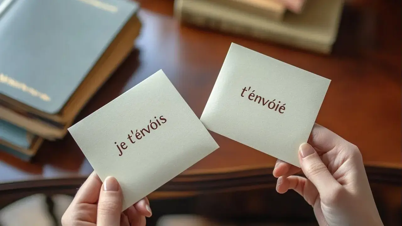 Deux mains tiennent des cartes. L'une dit "je t'envois", l'autre "t'envoie". Des livres sont en arrière-plan.