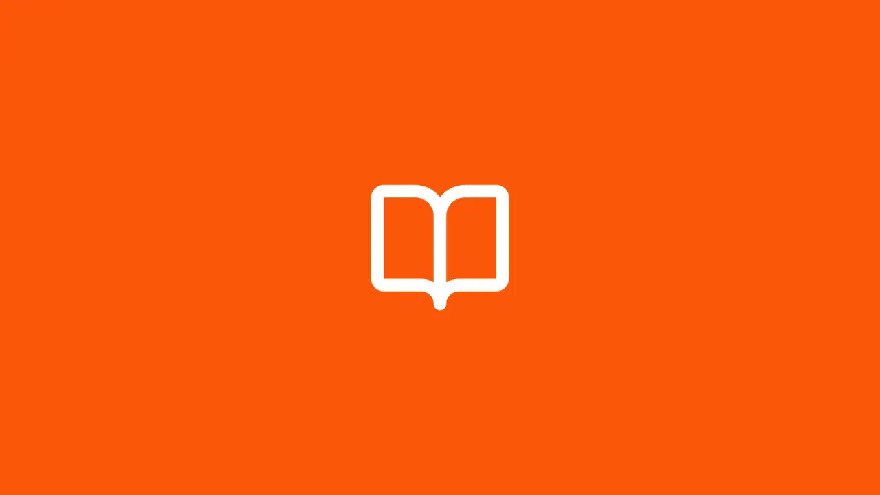 Icône de livre ouvert blanc sur fond orange vif. Un symbole qui pourrait être un en cours synonyme de savoir.