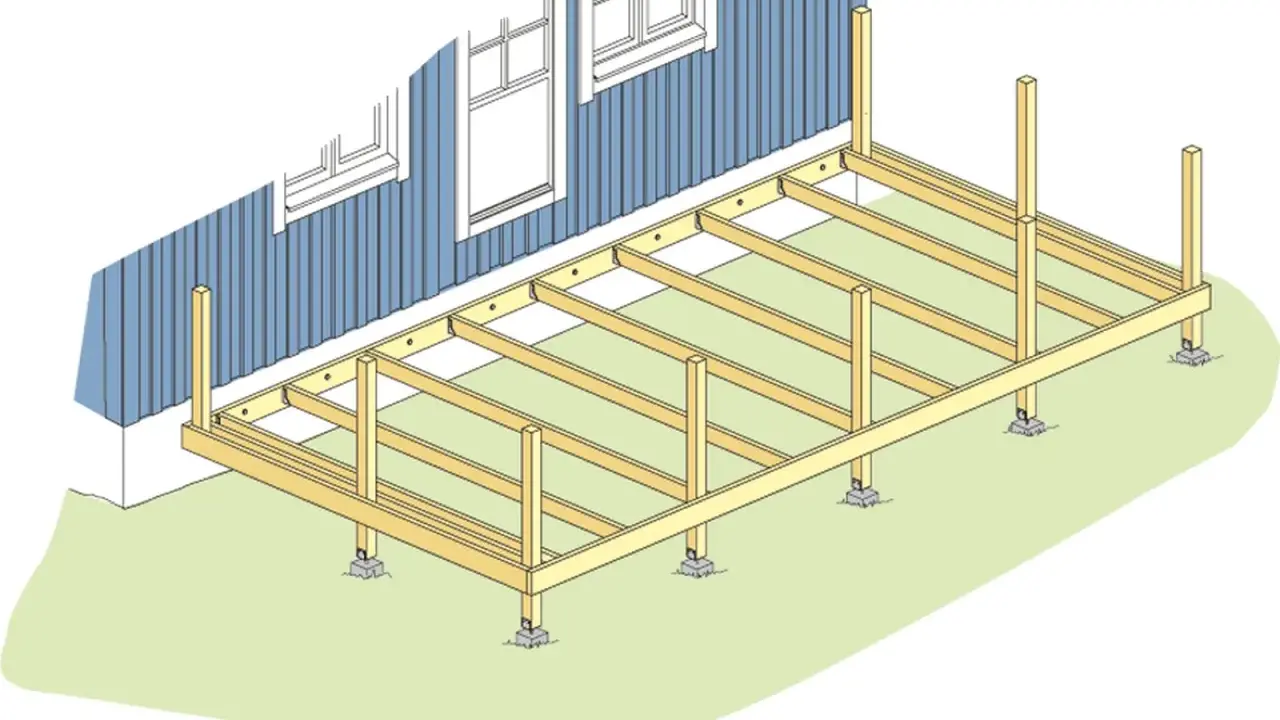 Illustration visar hur man kan bygga altan på plintar. Trästomme monteras på betongplintar vid husväggen.