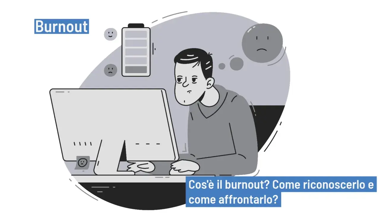 Uomo esausto davanti al PC, con batteria scarica e faccine tristi. Psicologia del burnout: come riconoscerlo e affrontarlo.
