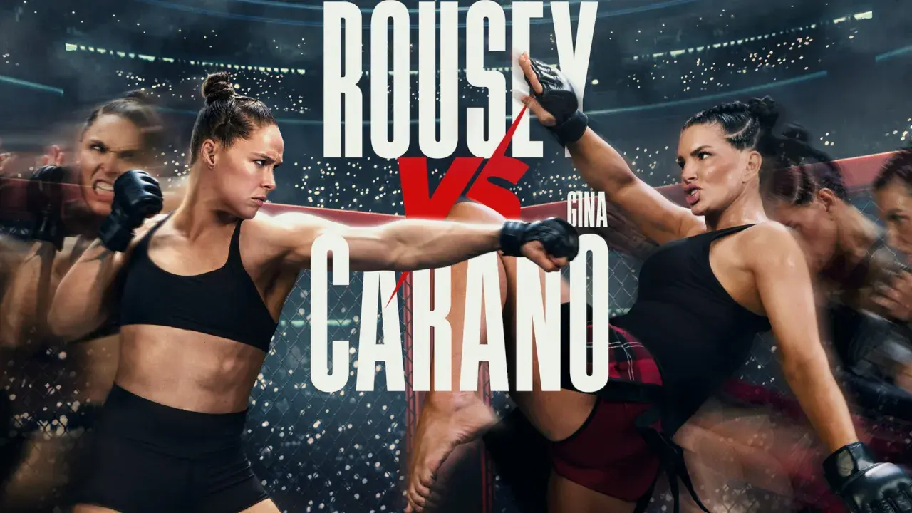 Ronda Rousey in azione, in un poster di un film di combattimento. La sua avversaria è Gina Carano.