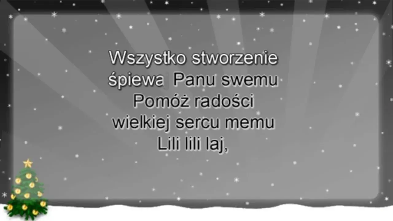 Gdy śliczna panna tekst kolędy "Lili lili laj" na tle zimowego krajobrazu ze śnieżynkami i choinką.