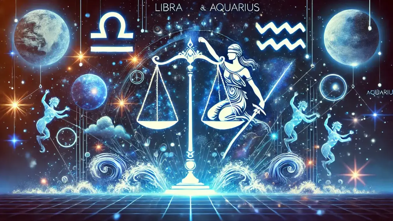 Kosmiczna wizja z wagą sprawiedliwości, symbolami Libry i Aquariusa, planetami i świetlistymi postaciami. W tej przestrzeni, gdzie rodzą się denarów uczucia, gwiazdy splatają losy.