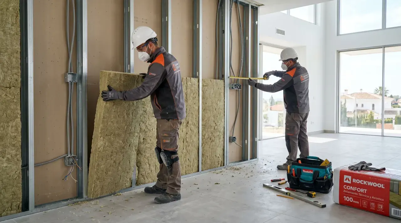 Dos obreros instalan aislamiento en una pared. El material, que parece lana de roca, se coloca entre perfiles metálicos. Se ve una caja de Rockwool y herramientas. Las subvenciones se devuelven con trabajo de calidad.