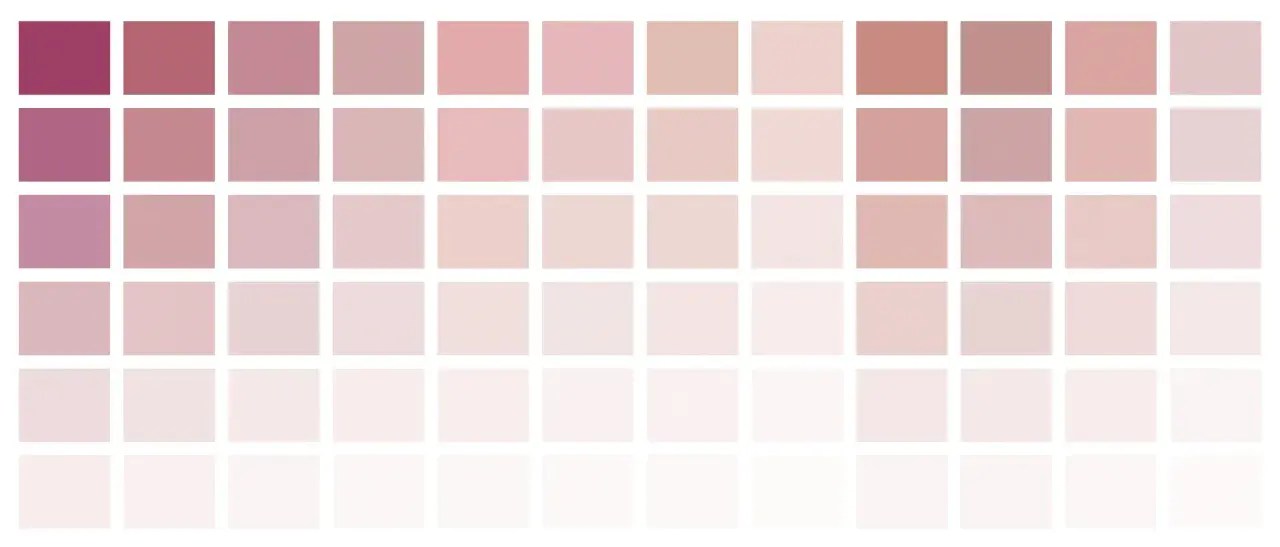 Una griglia di quadrati in varie tonalità di rosa, dal fucsia intenso al rosa pallido, con sfumature che ricordano il colore oro rosa.