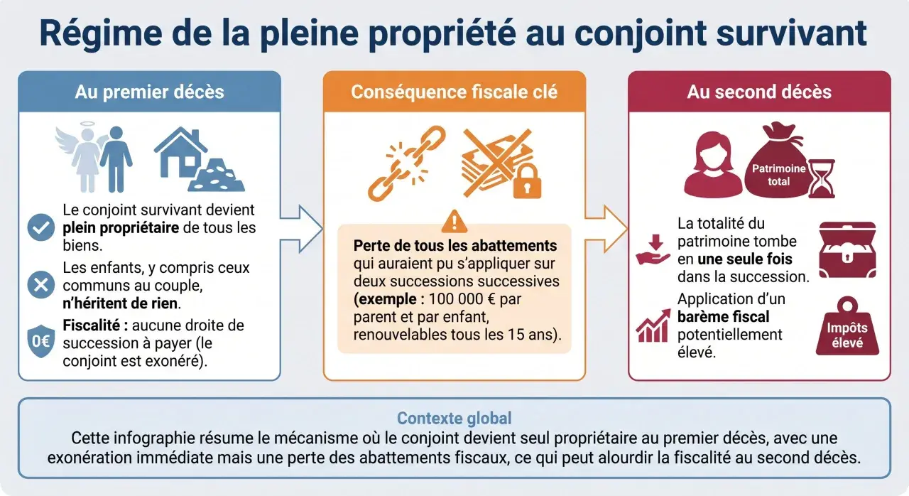 Infographie sur le régime de la pleine propriété au conjoint survivant : au premier décès, le conjoint hérite de tout sans droits de succession, mais perd les abattements fiscaux, alourdissant la fiscalité au second décès.