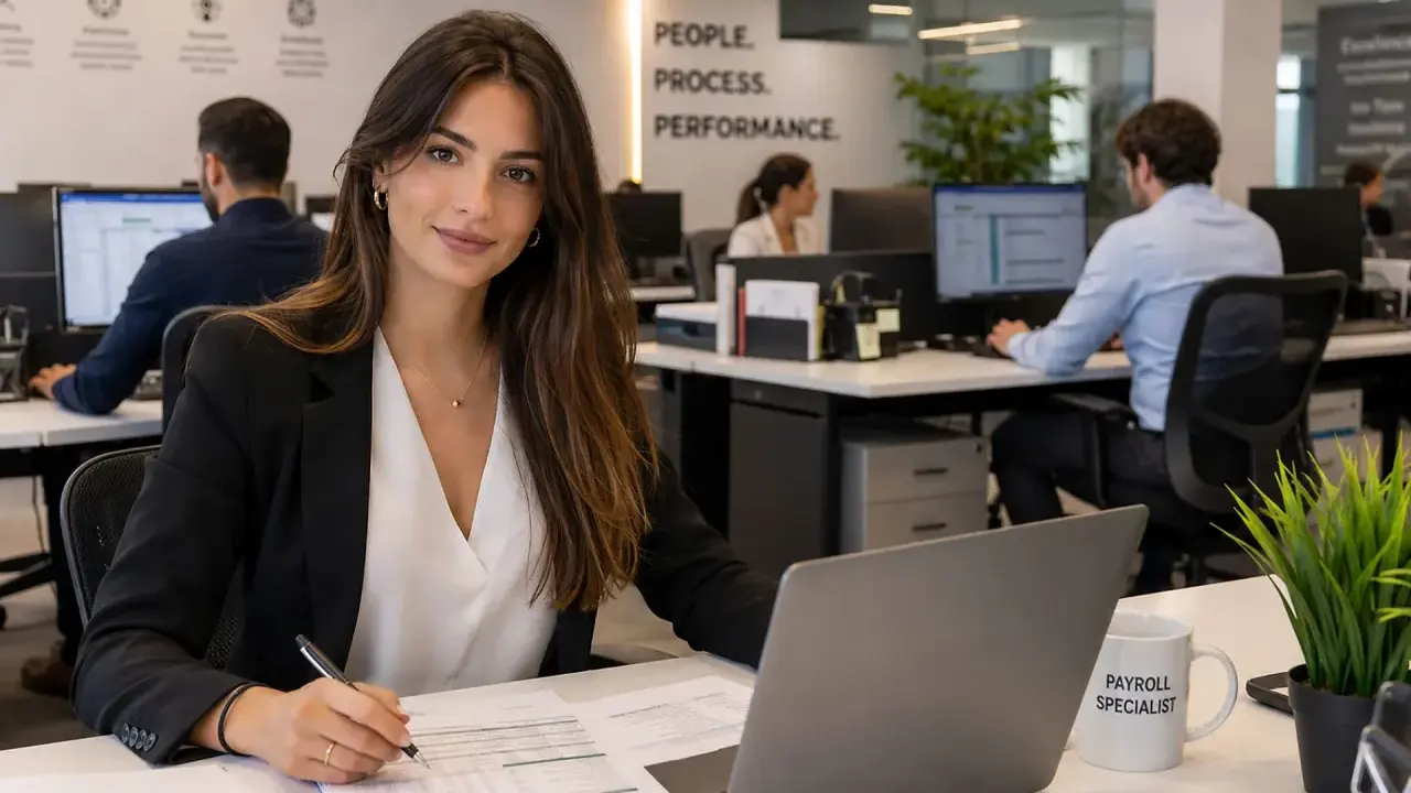 Donna al lavoro in ufficio, concentrata su report e laptop. Gestisce le risorse umane e lo stipendio.