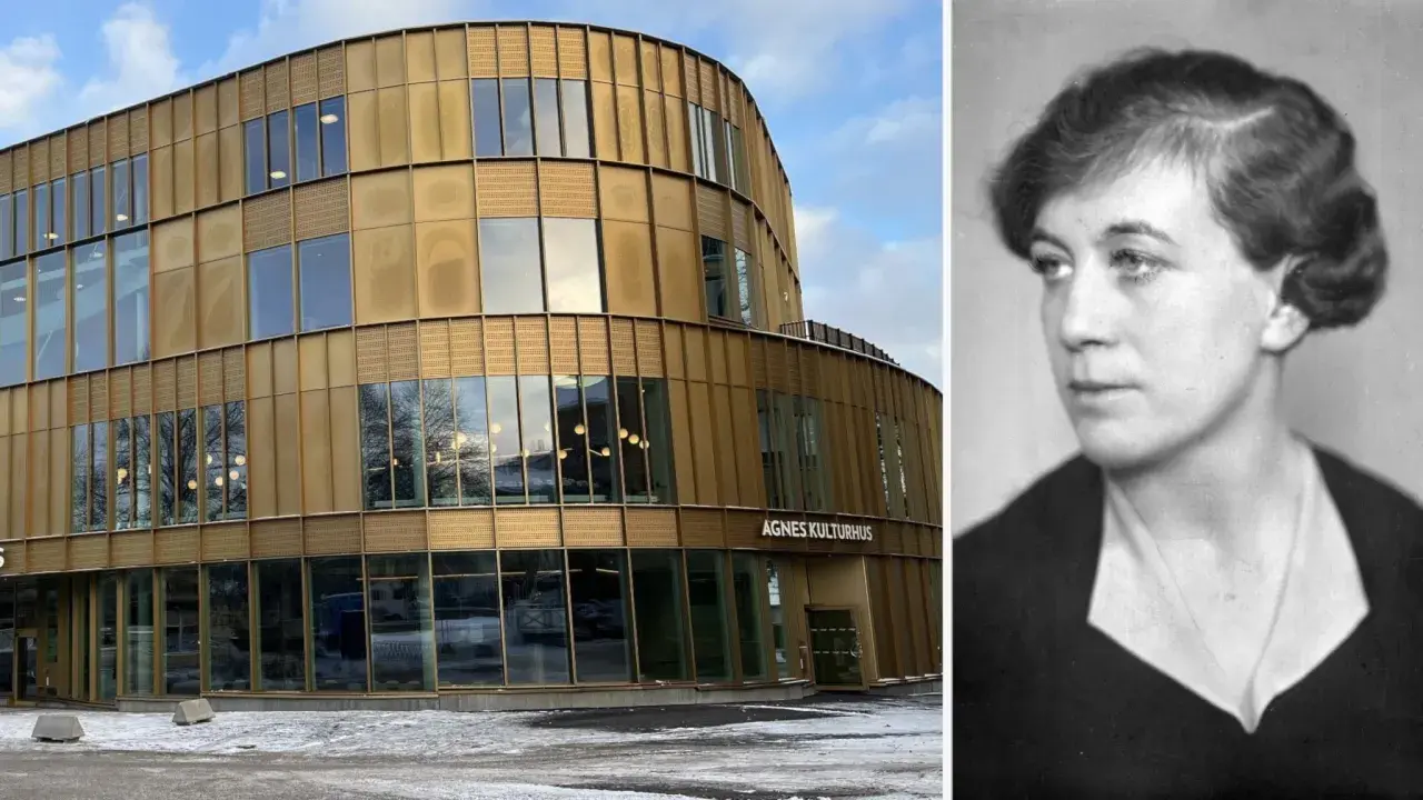 Agnes kulturhus, en modern byggnad i guld, bredvid ett porträtt av författaren Agnes von Krusenstjerna.