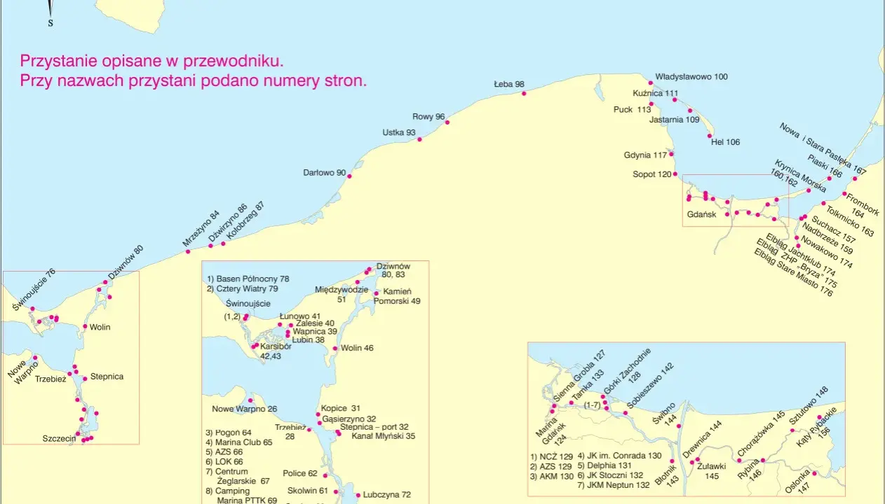 Mapa przedstawiająca linię brzegową Bałtyku z zaznaczonymi przystaniami i ich numerami stron.
