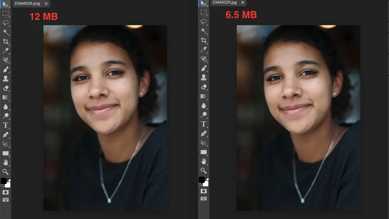 Dwa obrazy tej samej dziewczyny, jeden jako PNG (12 MB), drugi jako JPG (6.5 MB).