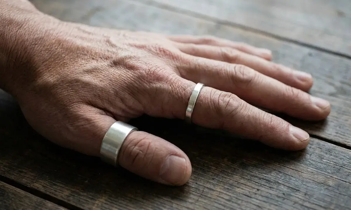 Mano maschile con due anelli d'argento, uno al pollice, che evoca un senso di stile e un possibile anello al pollice significato.