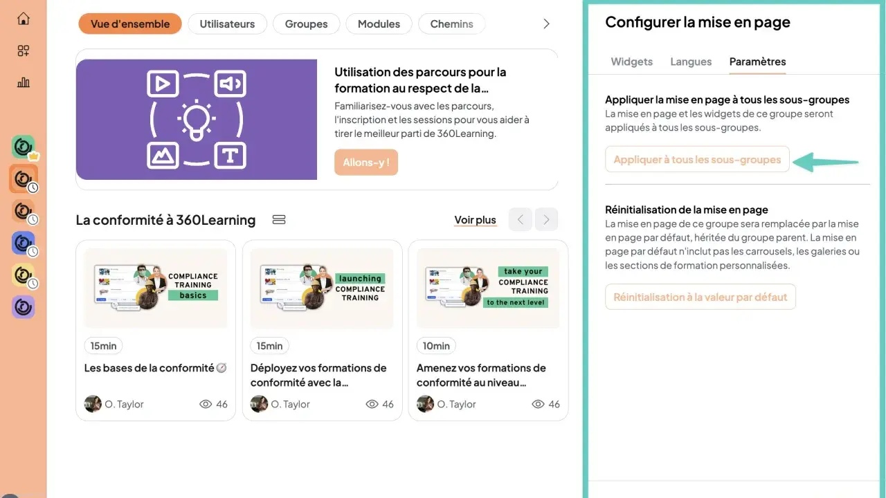 Interface de configuration de la mise en page pour une meilleure organisation des formations. Bouton "Appliquer à tous les sous-groupes" visible.