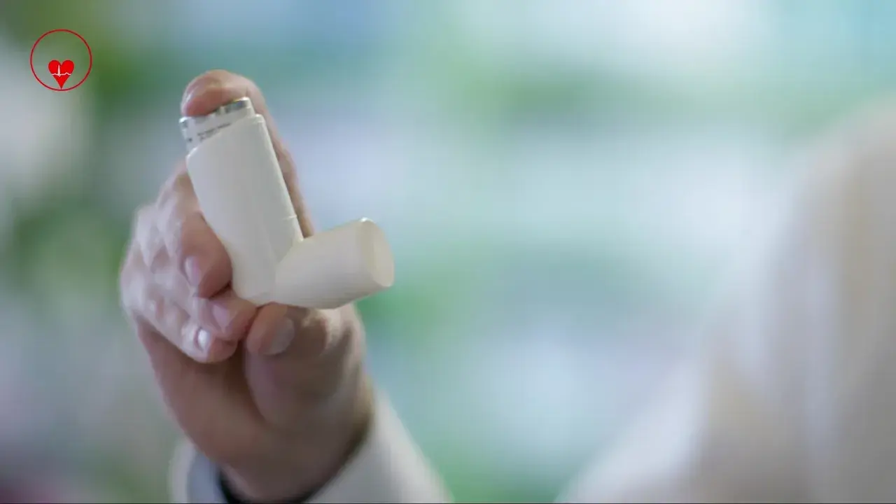 Hand hält Inhalator mit beclometasondipropionat, einem Cortison-Medikament zur Asthmabehandlung.