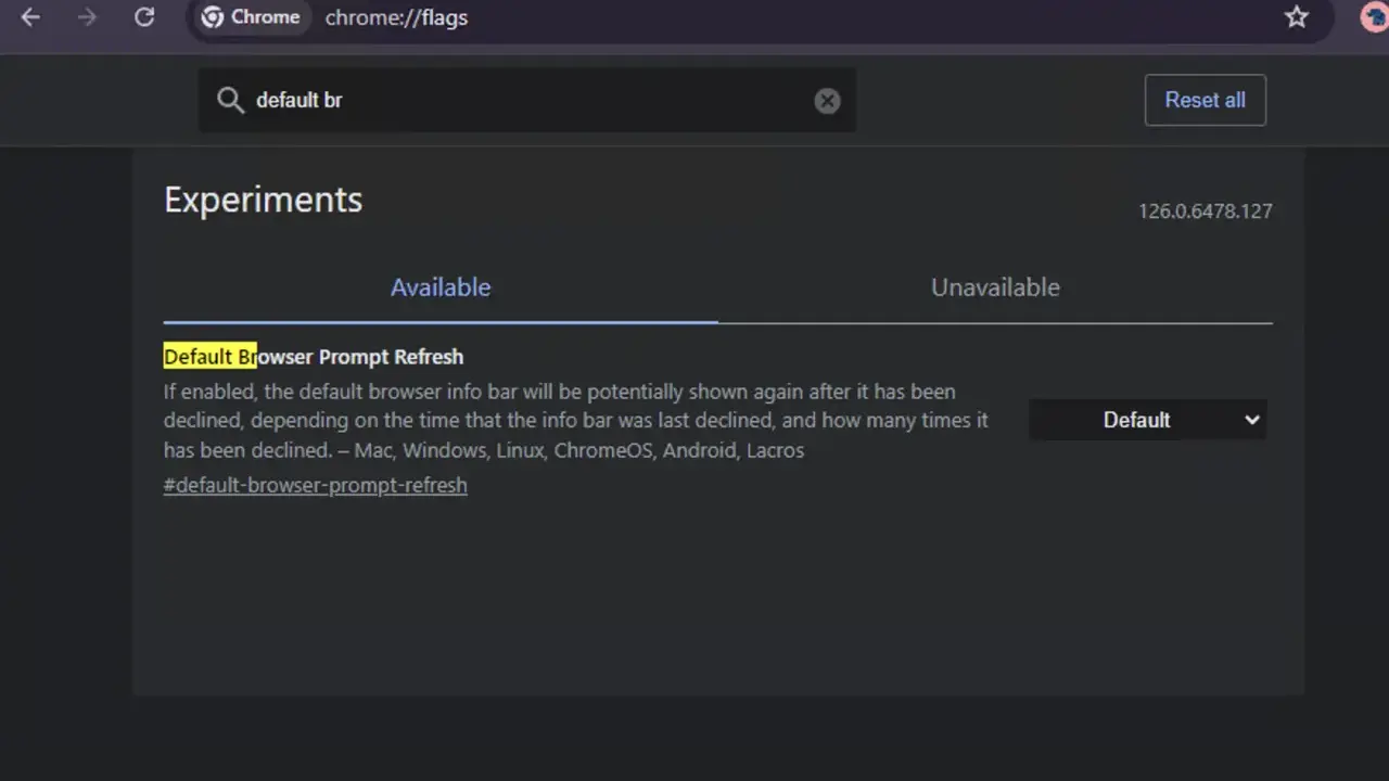 Ekran Chrome://flags z wyszukiwaną frazą "default br" i opcją "Default Browser Prompt Refresh".