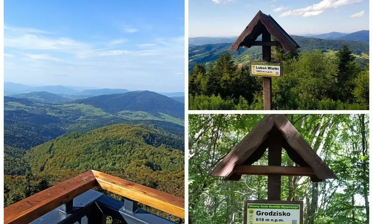 Beskid Wyspowy atrakcje: widok na góry, tabliczki szlaków na Luboń Wielki (1022 m) i Grodzisko (618 m).