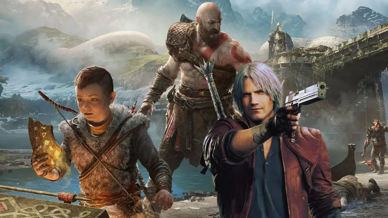 Kratos i Atreus z God of War na Switchu, obok nich Dante z pistoletem.