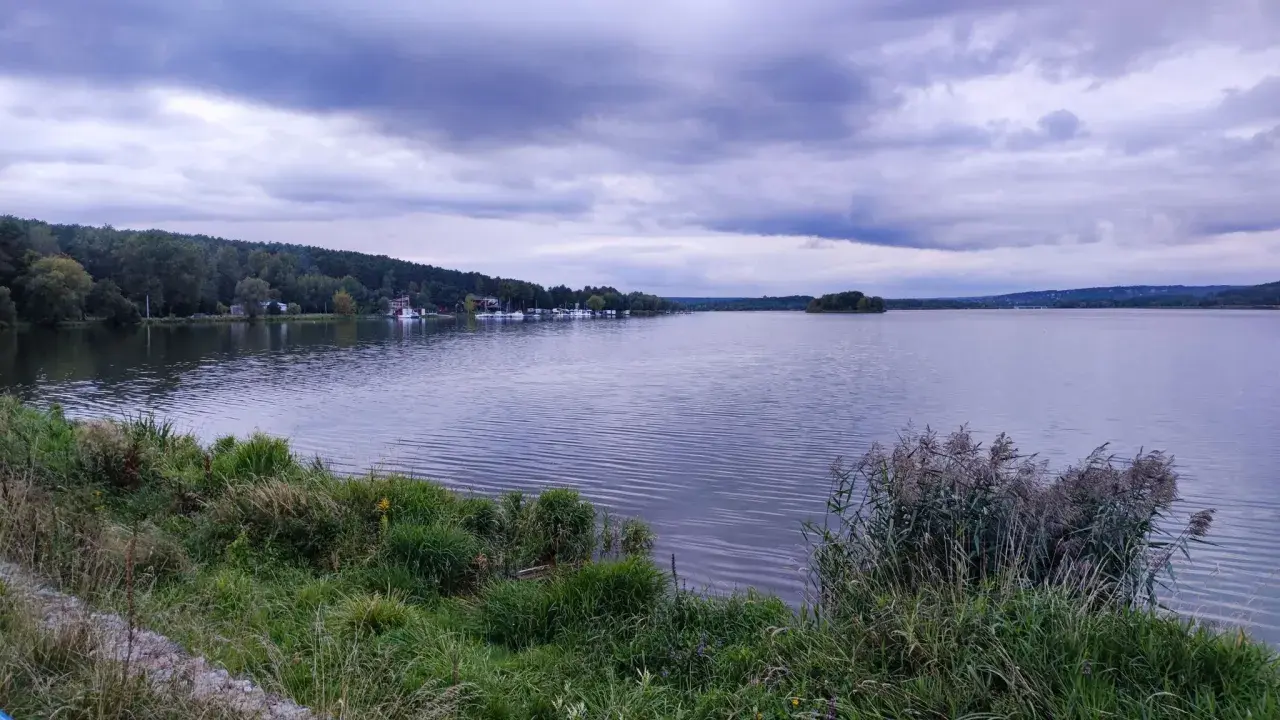 Spokojny zalew wióry, z łodziami przy brzegu i lasem w tle, pod burzliwym niebem.