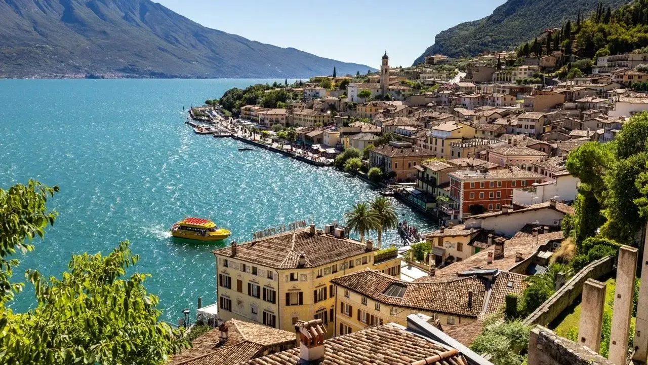 Limone sul Garda cosa vedere: pittoresca cittadina sul lago, con case colorate, un battello giallo e montagne sullo sfondo.