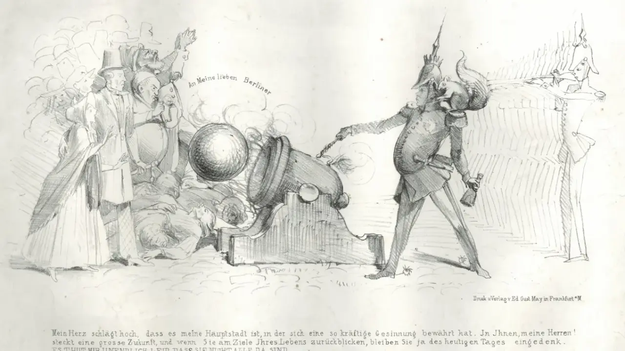 Karikatur zur Revolution 1848: Ein Soldat zündet eine Kanone, während Berliner fliehen.