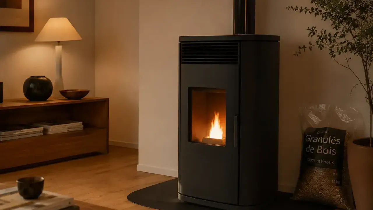 Poêle à granulés moderne en fonctionnement, avec une flamme vive. À côté, un sac de granulés de bois, prêt pour le ramonage.