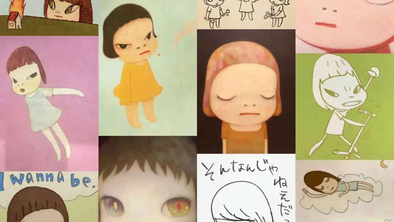 Collage of iconic works by Nara artist, featuring children with expressive eyes, some smoking, others dreaming, and one with a house on fire.