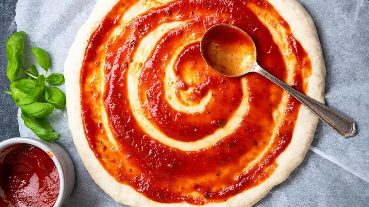 Pizzaboden mit selbstgemachter Pizzasauce bestreichen. Frisches Basilikum und ein Löffel mit Sauce daneben.