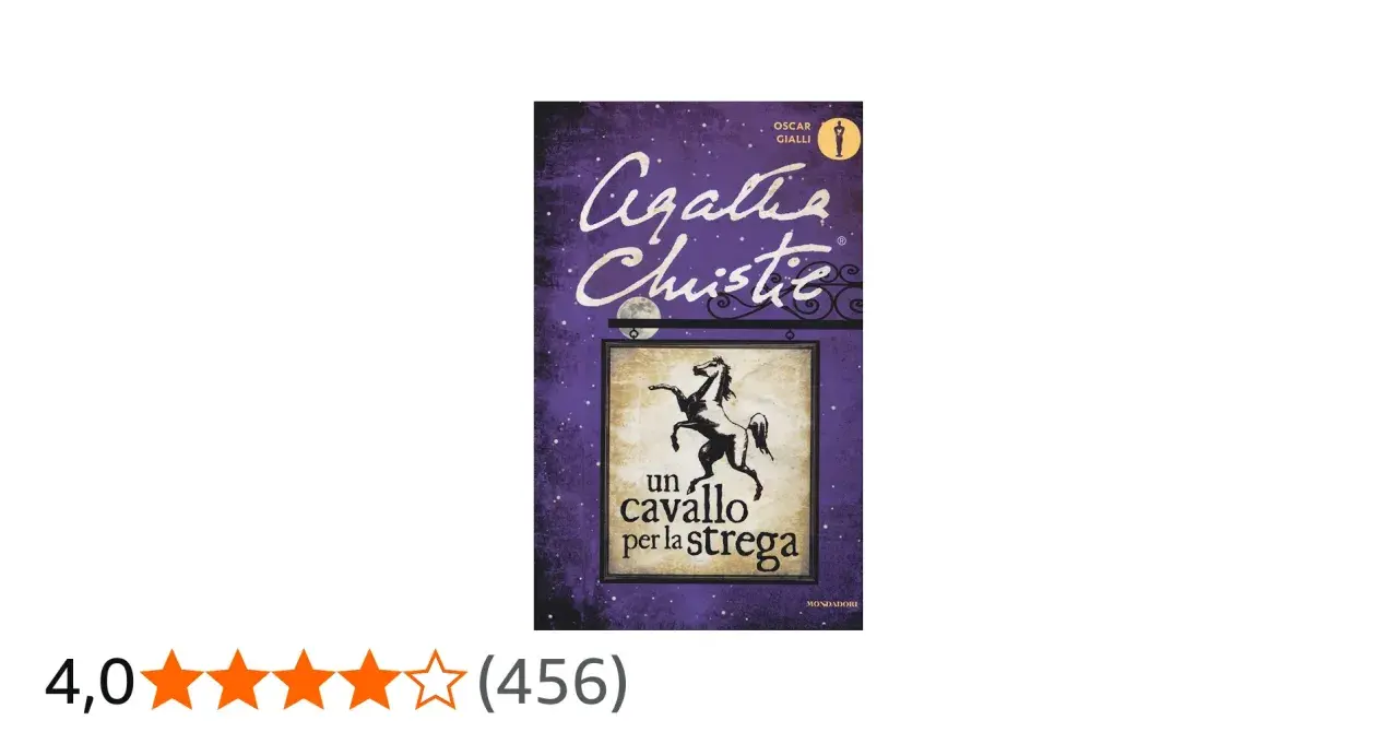 Copertina del libro "Un cavallo per la strega" di Agatha Christie, con un cavallo nero su sfondo viola stellato.