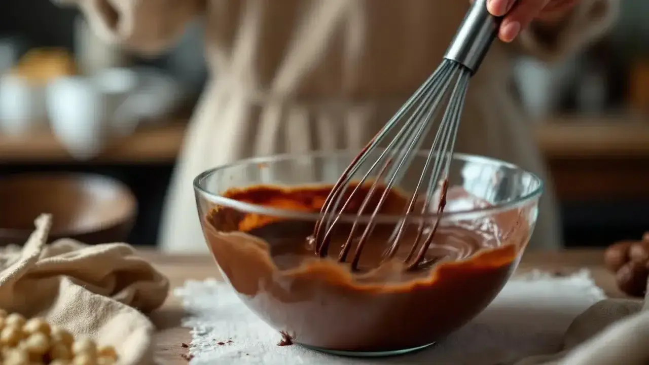 Une main utilise un fouet pour travailler le chocolat fondu dans un bol en verre. Des noisettes sont visibles sur le côté.