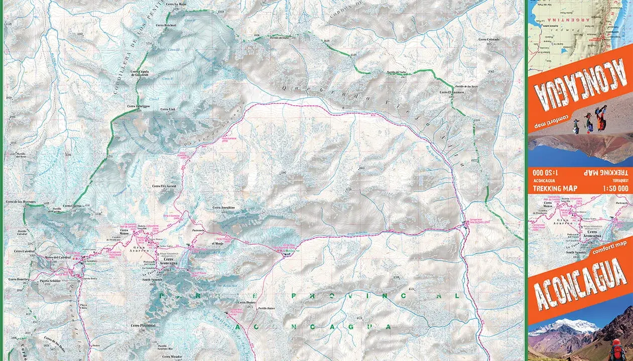 Mapa trekkingowa Aconcagua z zaznaczonymi szlakami i nazwami szczytów. Widok z lotu ptaka na góry.