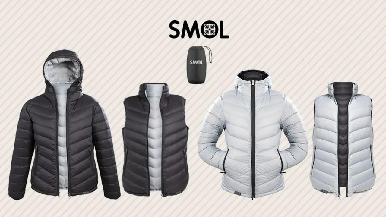 Dwustronne kurtki i kamizelki puchowe SMOL w kolorach czarnym i jasnoszarym.