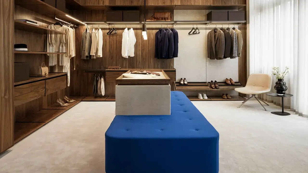 En lyxig walk-in-closet med mörka trädetaljer och en blå sittbänk, allt i en elegant italiensk stil.