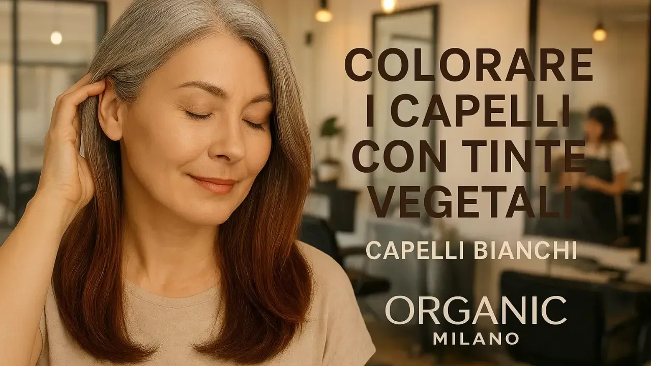 Donna con capelli grigi e castani, che scopre la bellezza delle erbe tintorie per capelli bianchi.