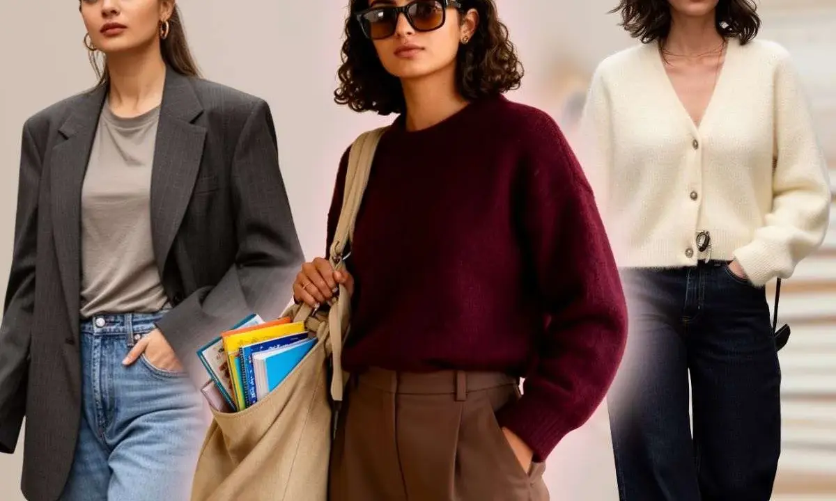 Tre donne mostrano un outfit da insegnante donna: blazer grigio, maglione bordeaux e cardigan bianco, con jeans e pantaloni eleganti.