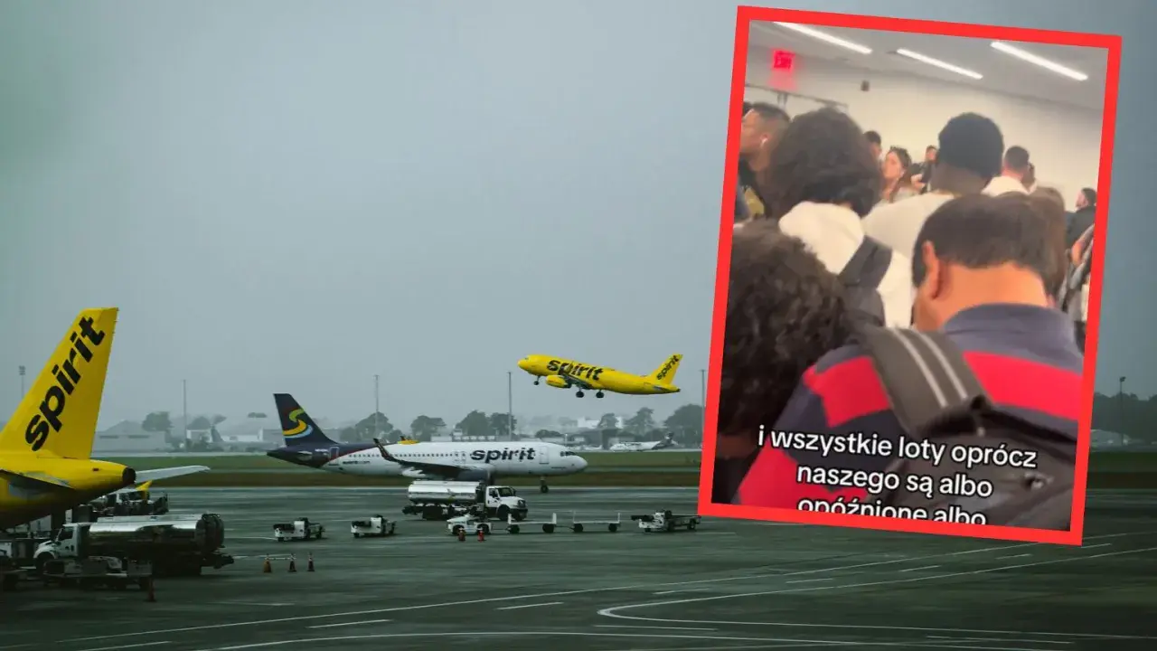 Spirit Airlines, znane jako najgorsze linie lotnicze, na lotnisku. Samoloty na płycie i w powietrzu. W tle tłum pasażerów.