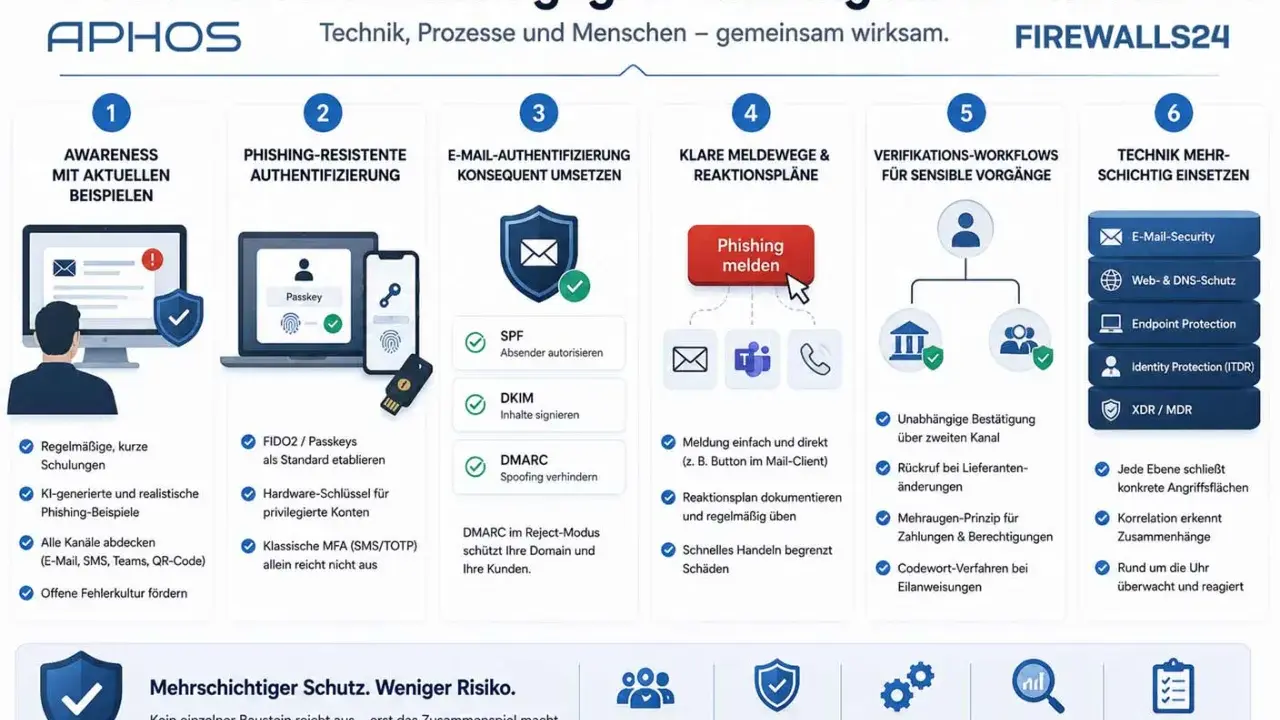 6 Schutzmaßnahmen gegen Phishing: Schulungen, Authentifizierung, E-Mail-Sicherheit, Meldewege, Verifizierung, Technik. So wehren Sie sich gegen Phishing.
