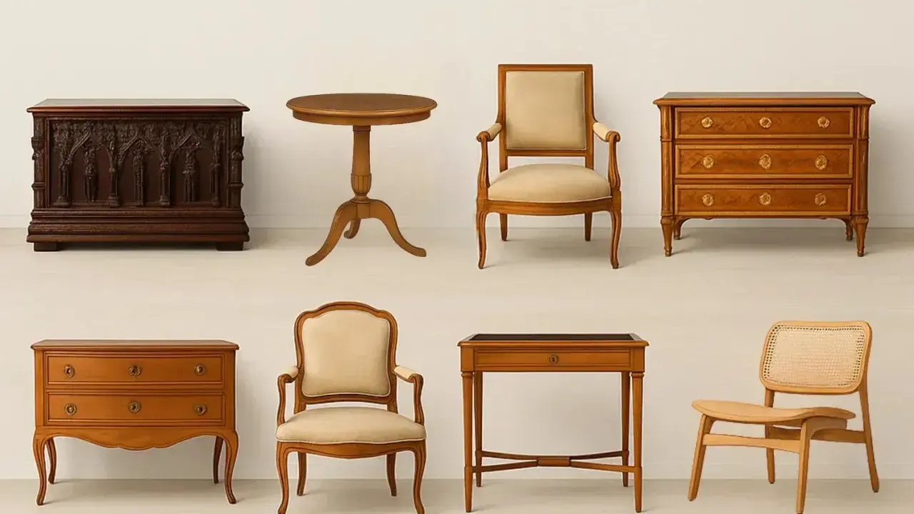 Mobilier d'époque Empire : commode sculptée, table ronde, fauteuils Louis XVI, commode marquetée, table de jeu et chaise cannage.