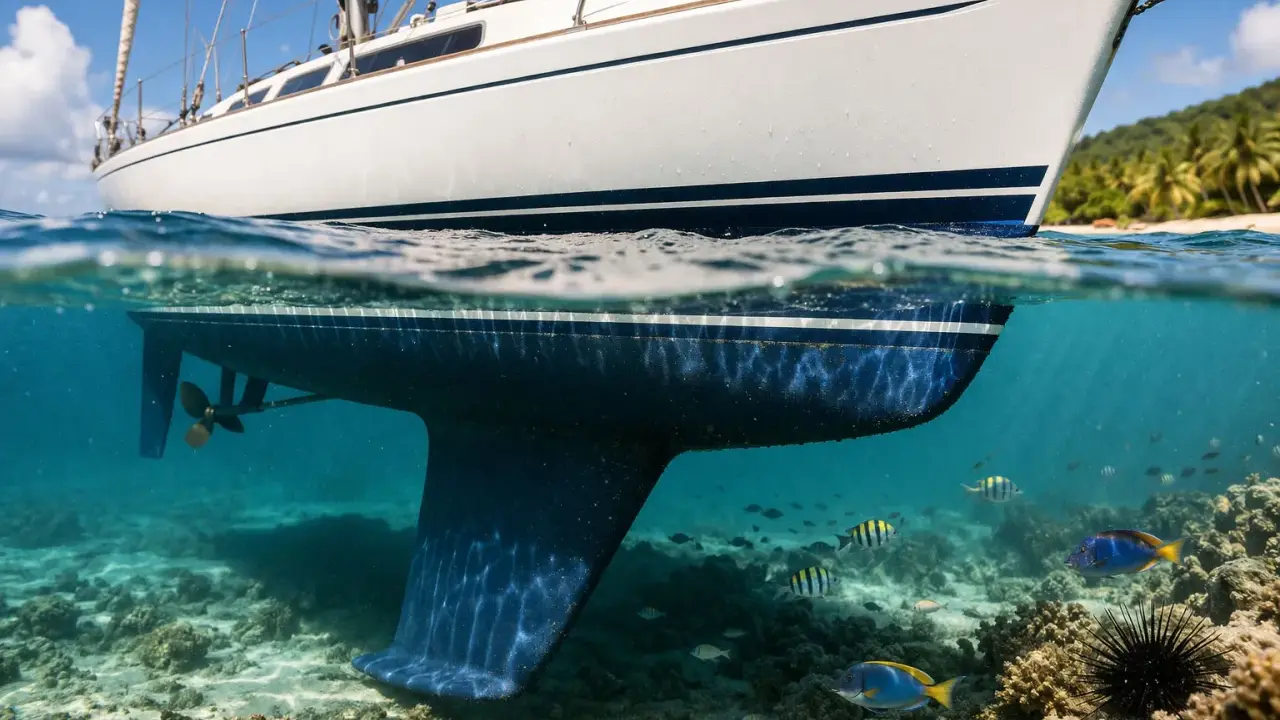 Vue sous-marine d'un voilier de 6m, avec sa quille et son hélice. Le prix antifouling bateau 6m est une préoccupation pour maintenir cette coque propre. Poissons et coraux dans les eaux claires.