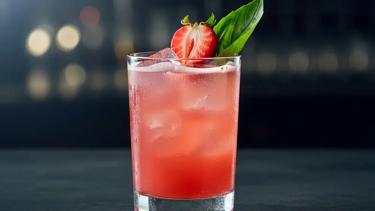 En uppfriskande strawberry basil smash med is, garnerad med en jordgubbsklyfta och basilika.