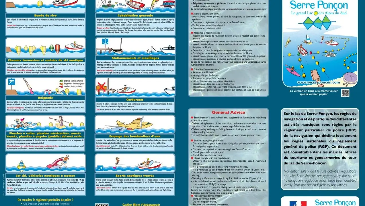 Guide nautique du lac de Serre-Ponçon, avec les règles de sécurité et de navigation pour les plaisanciers.