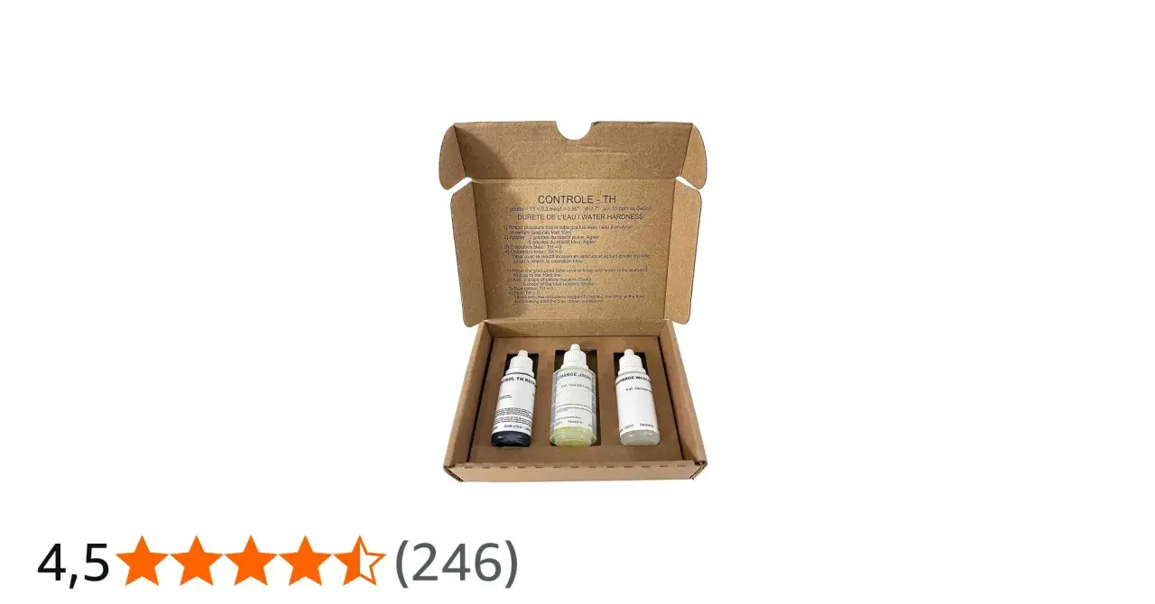 Kit pour analyse dureté de l'eau avec trois flacons de réactifs. Instructions pour le contrôle de la dureté de l'eau.