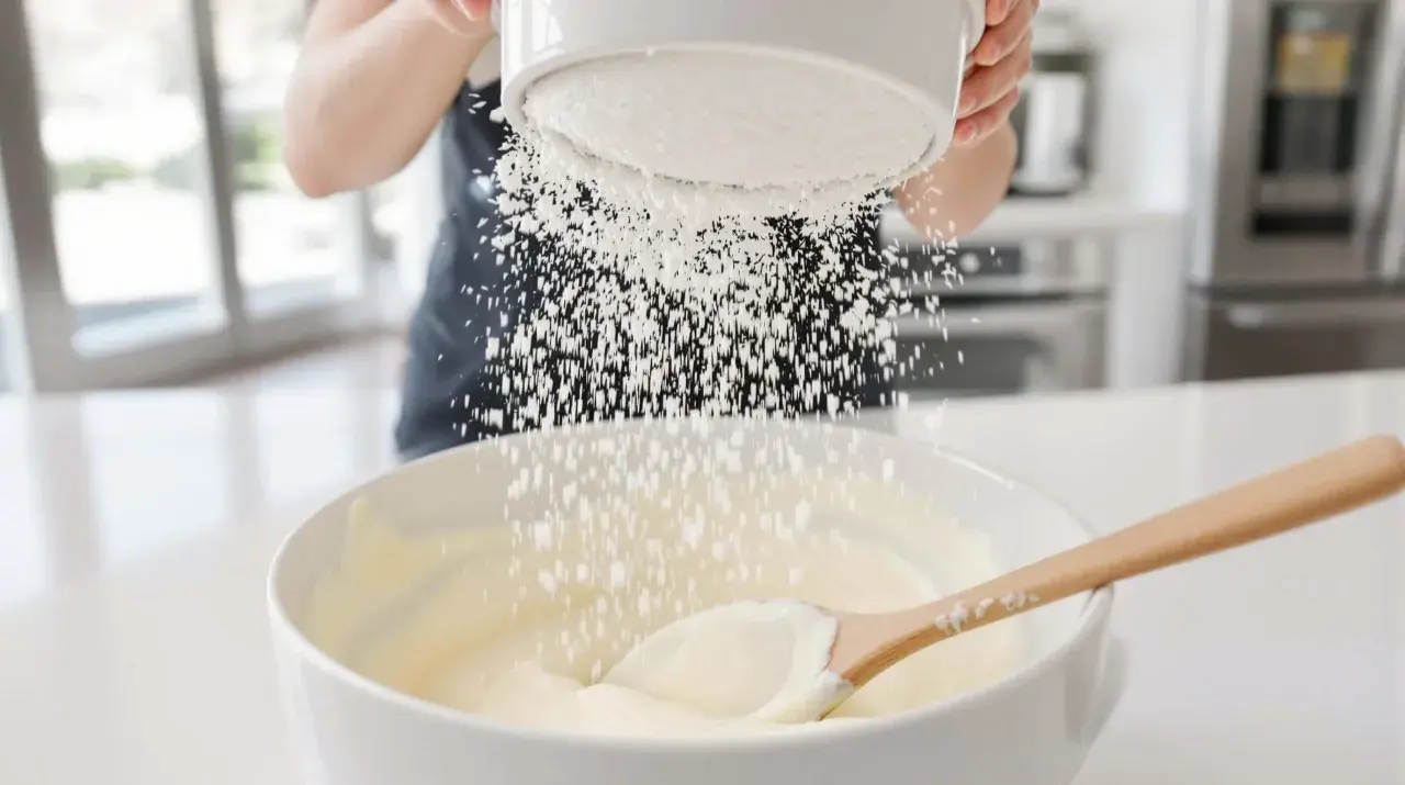 Une main saupoudre du glacage sucre glace sur une préparation crémeuse dans un bol blanc, avec une cuillère en bois.