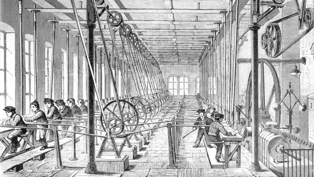 Kinder arbeiten in einer Fabrik, ein Bild der Klassengesellschaft im 19. Jahrhundert. Lange Reihen von Maschinen und Kindern, die schuften.
